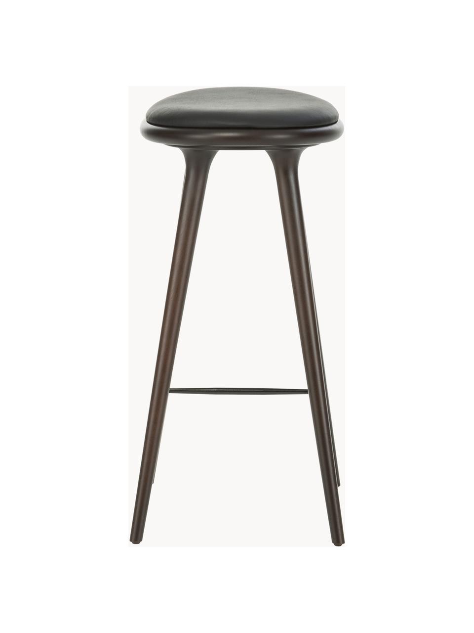 Barhocker High Stool aus Buchenholz und Leder, Beine: Buchenholz, gebeizt, Sitzfläche: Leder, Buchenholz dunkelbraun lackiert, Leder Schwarz, B 45 x H 69 cm