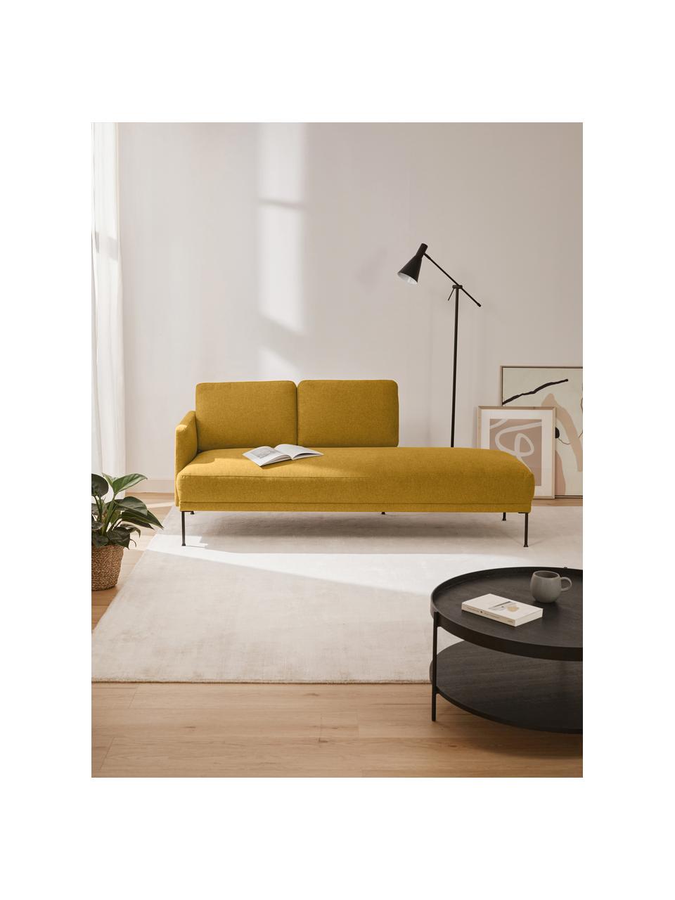 Chaise longue Fluente, Bekleding: 100% polyester Met 115.00, Frame: massief grenenhout, Poten: gepoedercoat metaal Dit p, Geweven stof okergeel, B 202 x D 85 cm, rugleuning links