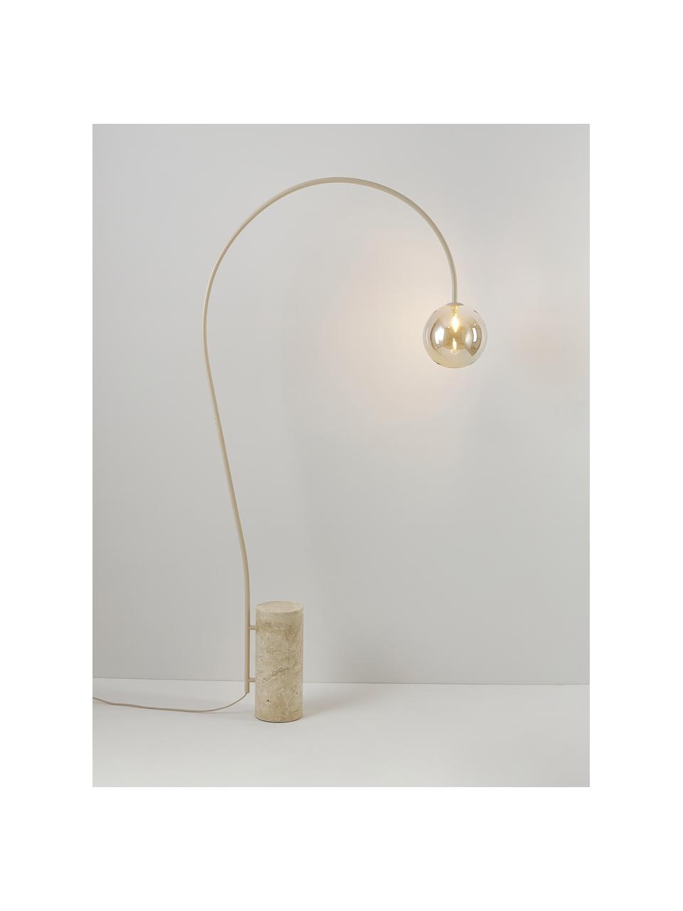 Grosse Bogenlampe Cora mit Travertin-Fuss, Lampenschirm: Glas, Gestell: Stahl, beschichtet, Beige, Travertin, H 167 cm