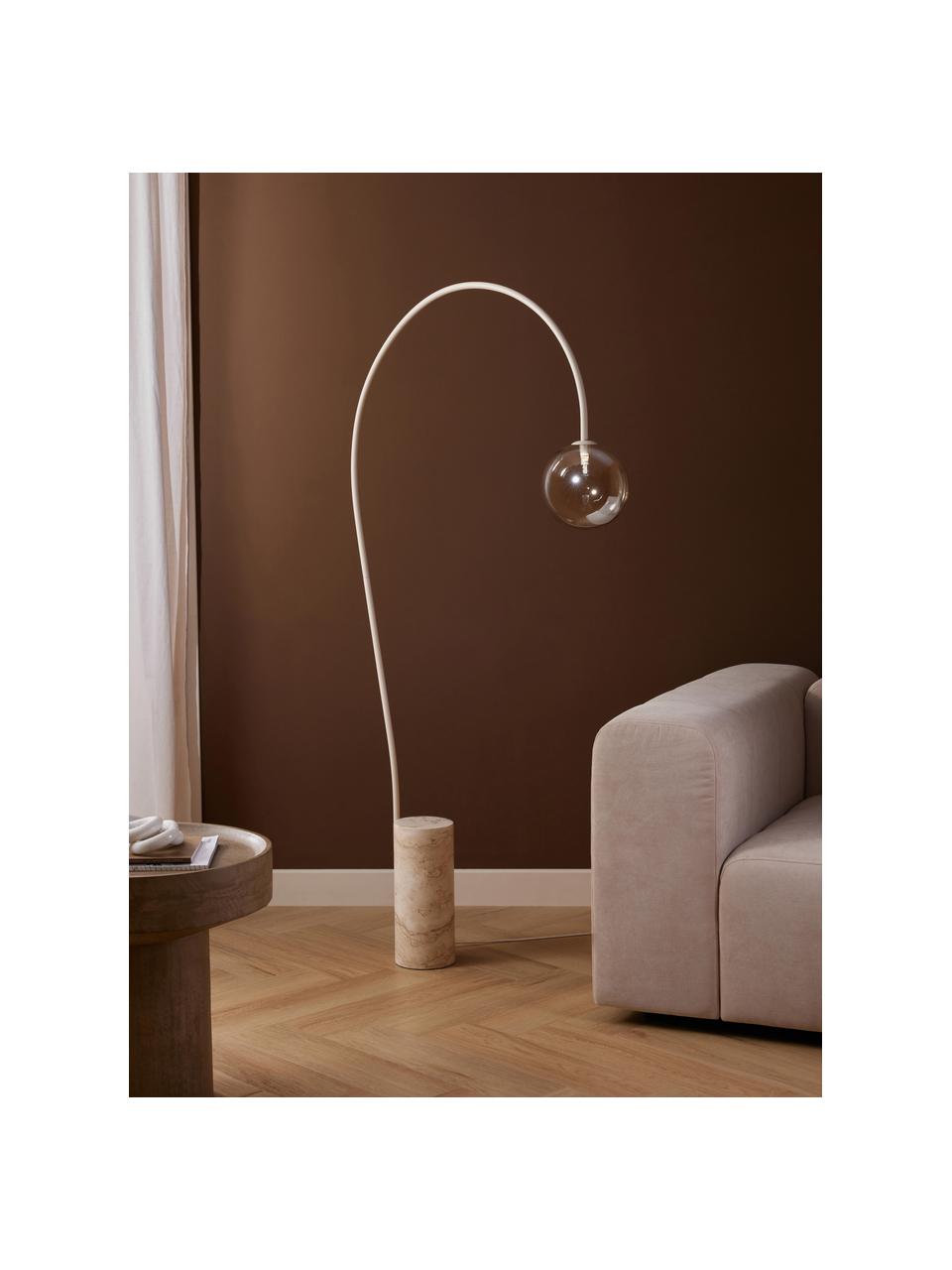 Grand lampadaire arc avec base en travertin Cora, Couleur champagne, beige, haut. 167 cm