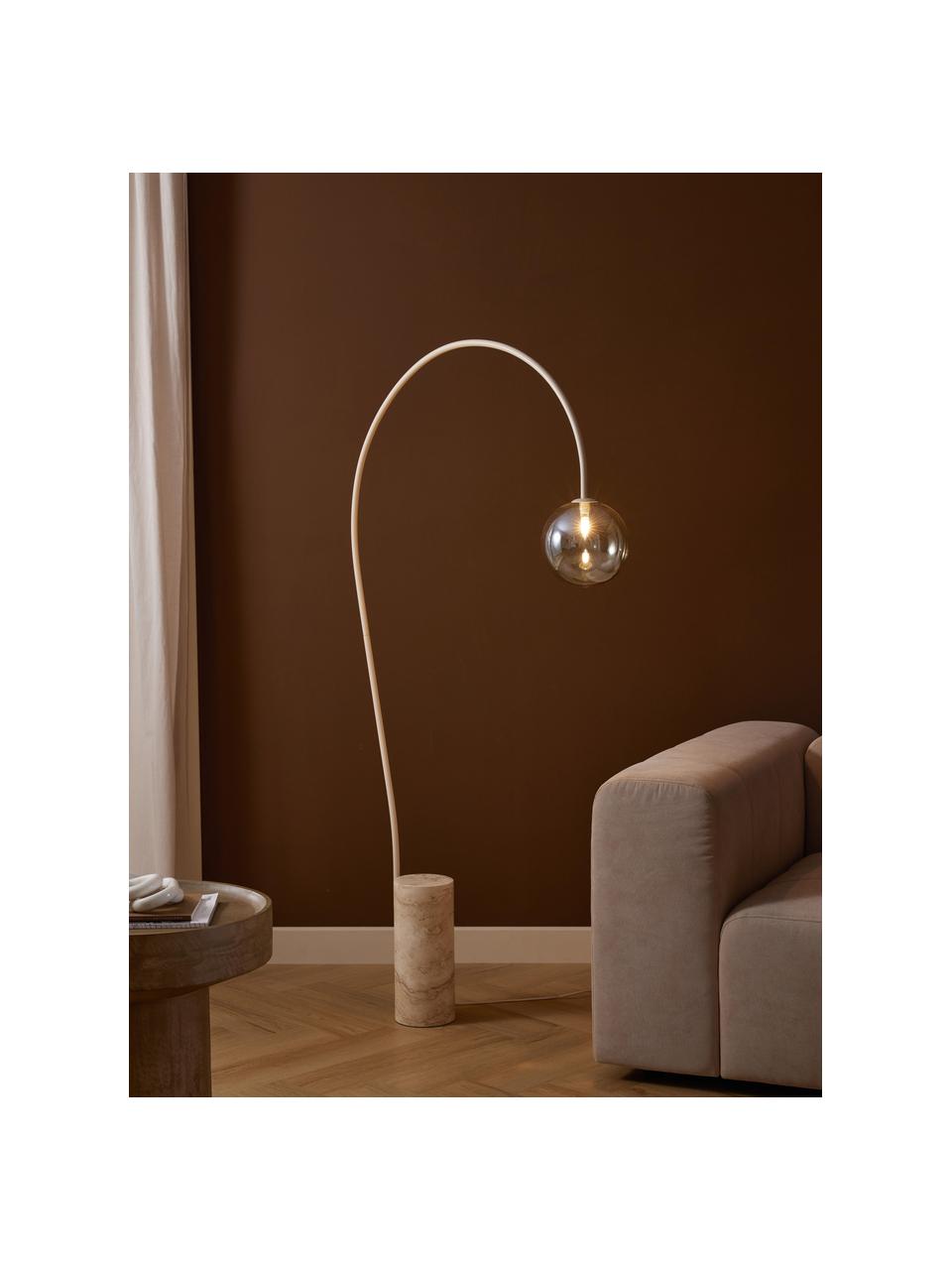 Grand lampadaire arc avec base en travertin Cora, Couleur champagne, beige, haut. 167 cm