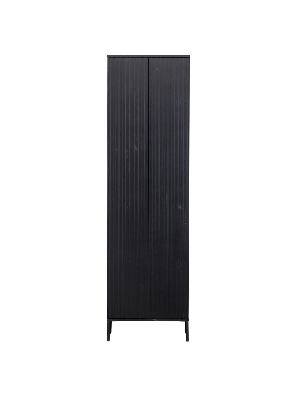 Armadio piccolo con fronte in legno di pino scanalato Avourio, Piedini: metallo rivestito, Nero, Larg. 60 x Alt. 210 cm