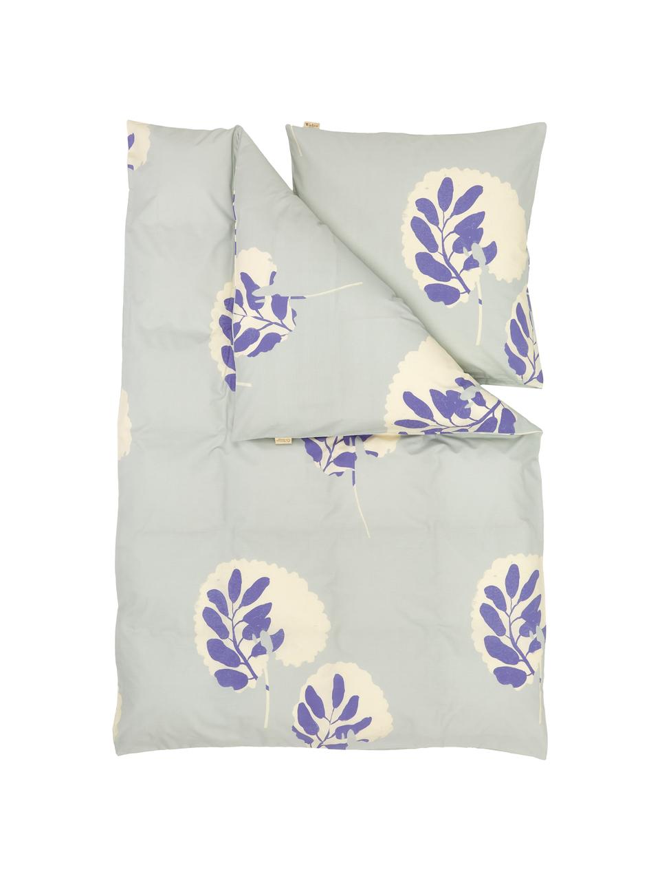 Pościel z bawełny Romantic Leaves, Szaroniebieski, kremowy, niebieski idygo, 155 x 220 cm + 1 poduszka 80 x 80 cm