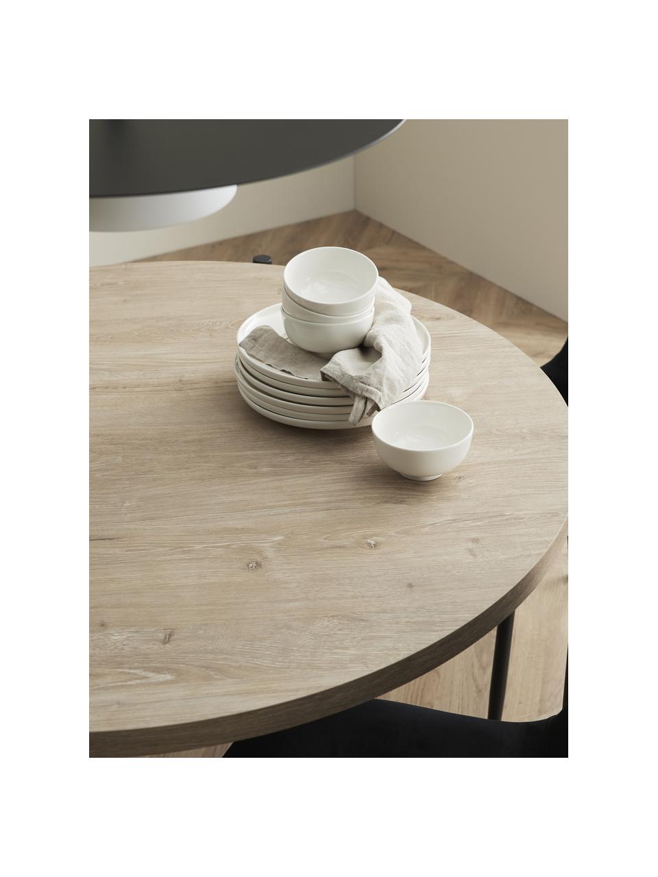 Mesa de comedor redonda con sillas de terciopelo Gilda, Ø 110 cm, Tapizado: 100% terciopelo, Patas: metal con pintura en polv, Tablero: fibras de densidad media,, Patas: metal con pintura en polv, Terciopelo negro, madera clara, Ø 110 x Al 75 cm