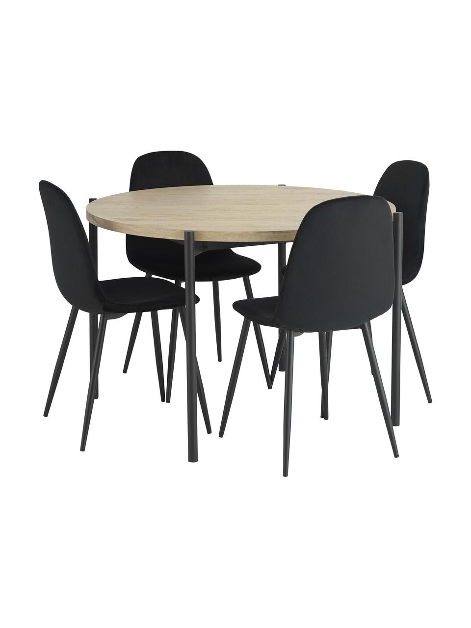 Okrúhly jedálenský stôl so zamatovými stoličkami Gilda, Ø 110 cm, Zamatová čierna, svetlé drevo, Ø 110 x V 75 cm