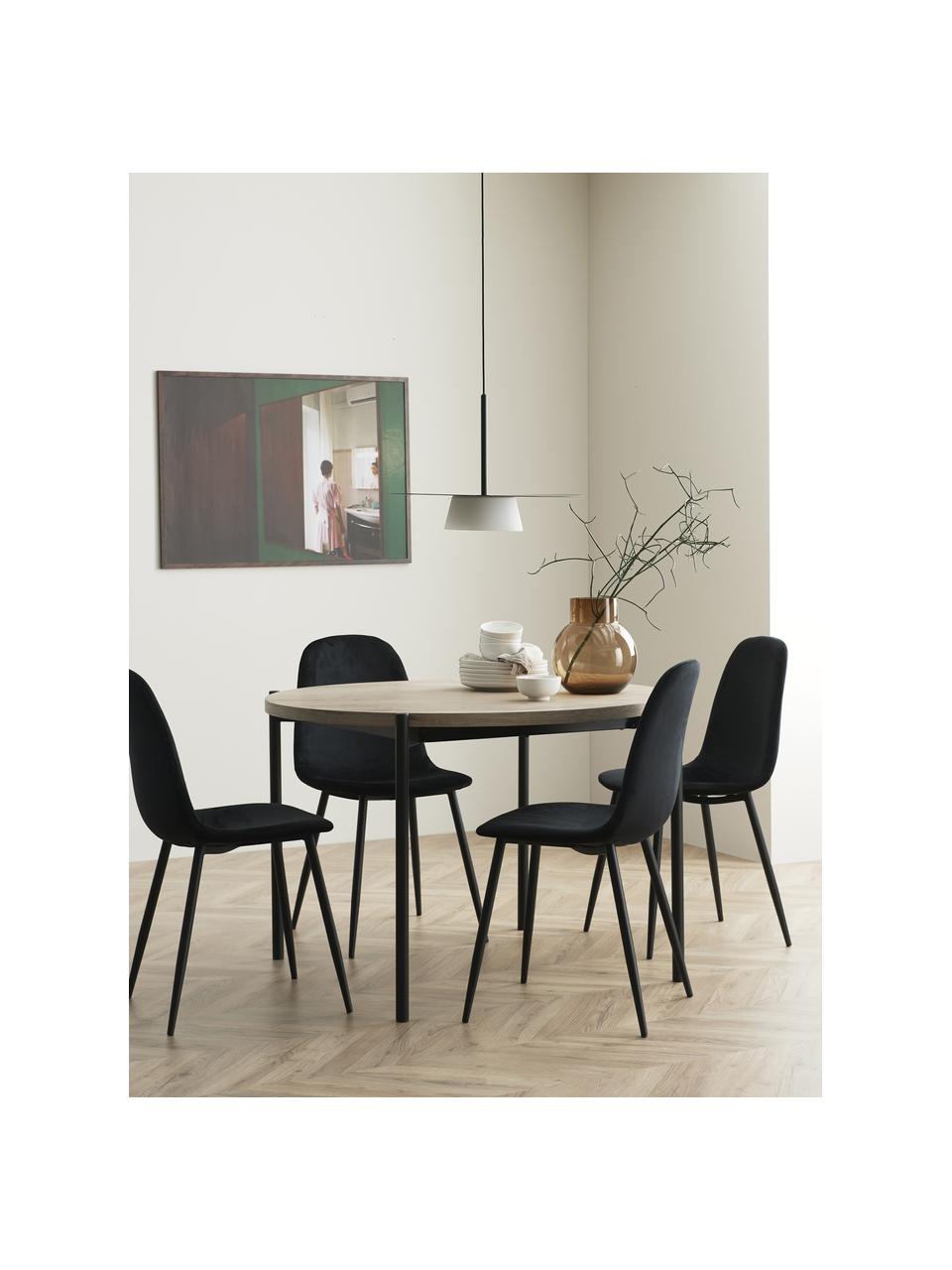 Ronde eettafel Gilda met fluwelen stoelen, Ø 110 cm, Bekleding: 100% fluweel, Poten: gepoedercoat metaal, Tafelblad: gelamineerd MDF, Poten: gepoedercoat metaal, Fluweel zwart, helder hout, Ø 110 x H 75 cm