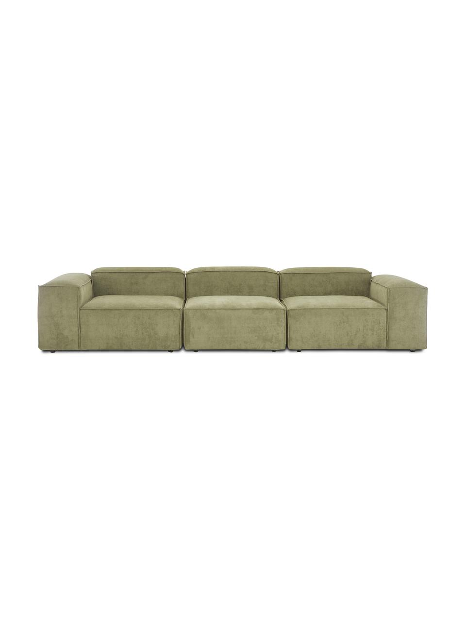 Modulares 4-Sitzer Cord-Sofa Dylan in Grün, Bezug: Cord (92% Polyester, 8% P, Gestell: Massives Kiefernholz, Spe, Füße: Kunststoff Die Füße befin, Grün, B 335 cm x T 113 cm