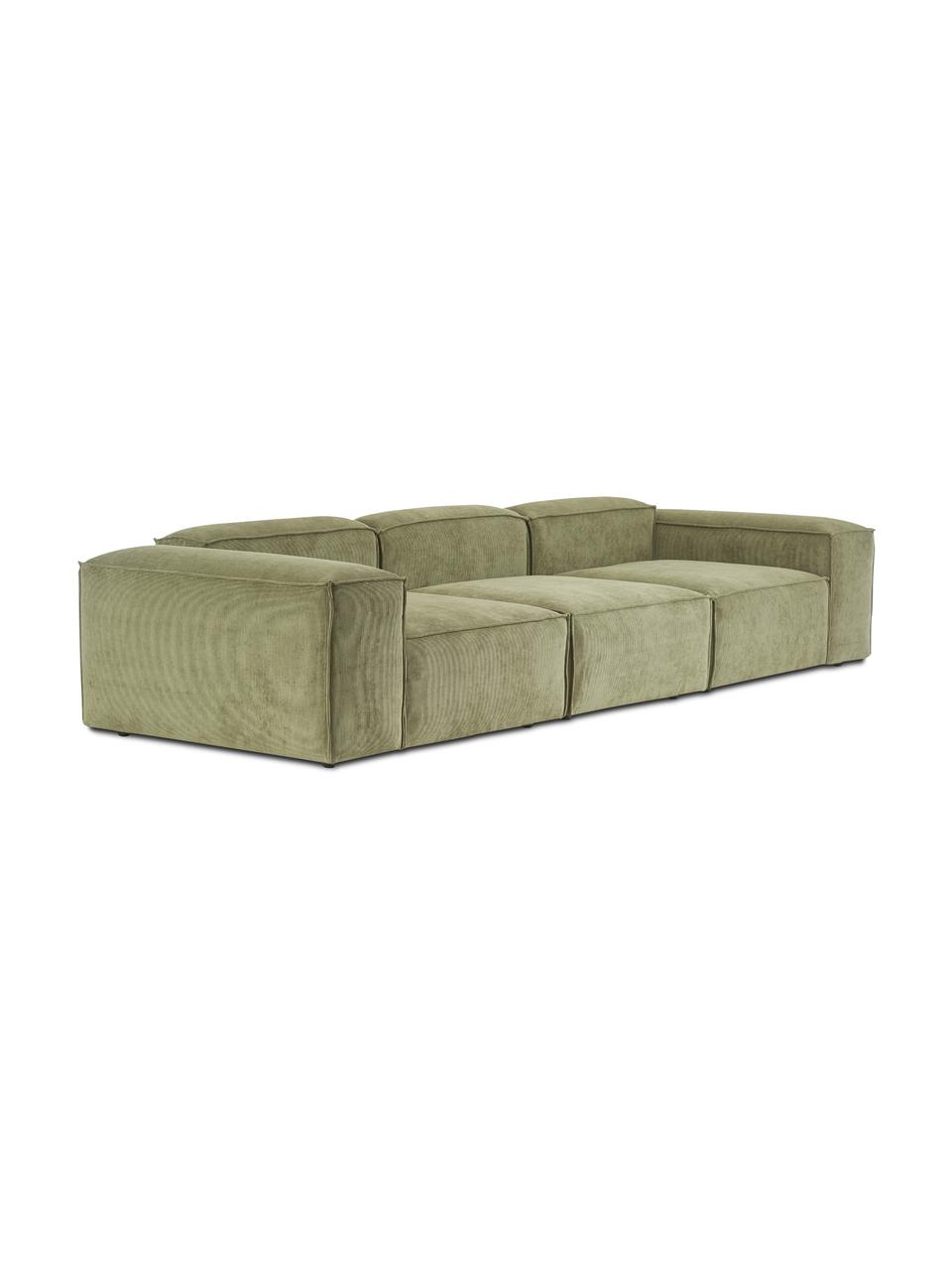 Modulares 4-Sitzer Cord-Sofa Dylan in Grün, Bezug: Cord (92% Polyester, 8% P, Gestell: Massives Kiefernholz, Spe, Füße: Kunststoff Die Füße befin, Grün, B 335 cm x T 113 cm