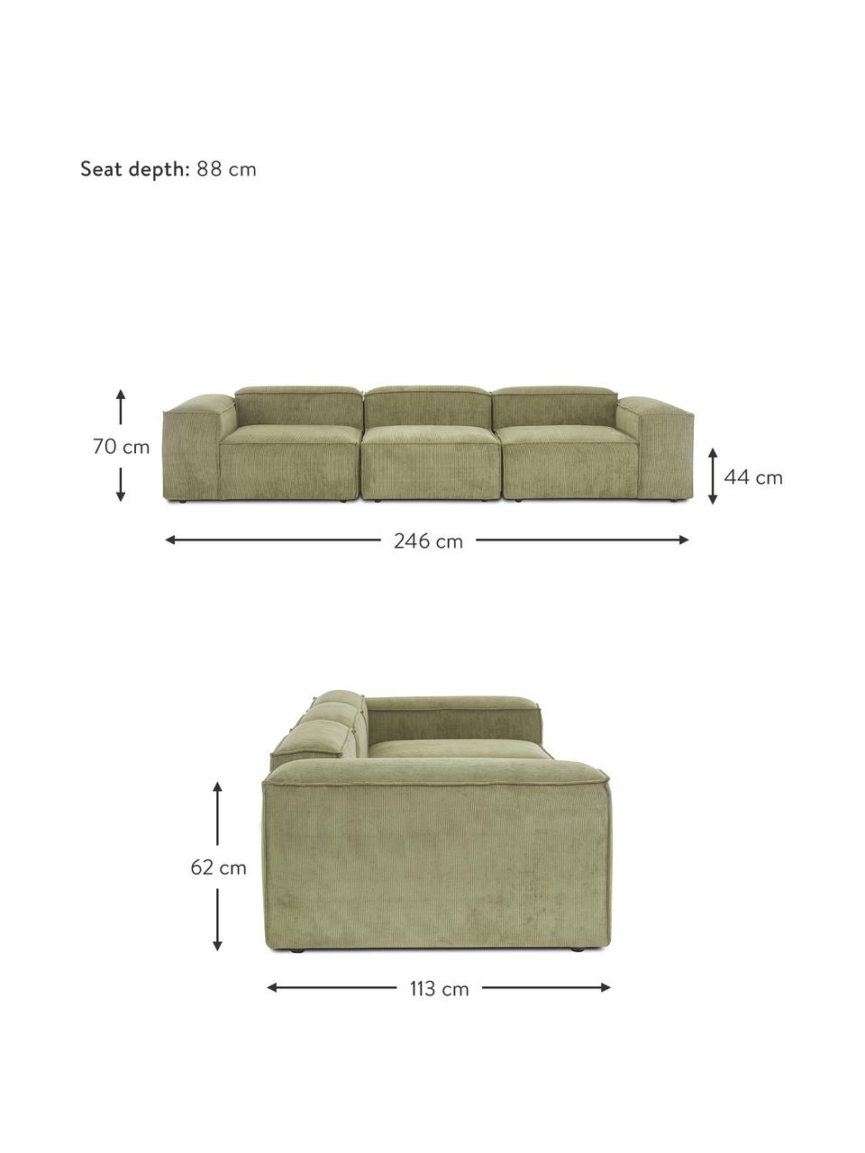 Modulares 4-Sitzer Cord-Sofa Dylan in Grün, Bezug: Cord (92% Polyester, 8% P, Gestell: Massives Kiefernholz, Spe, Grün, B 335 cm x T 113 cm