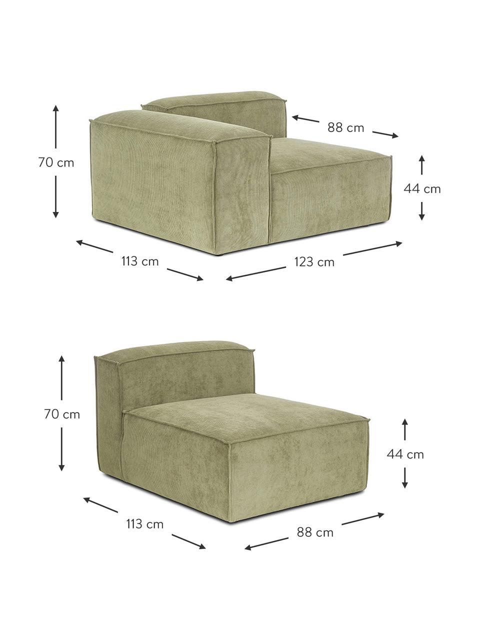 Modulares 4-Sitzer Cord-Sofa Dylan in Grün, Bezug: Cord (92% Polyester, 8% P, Gestell: Massives Kiefernholz, Spe, Füße: Kunststoff Die Füße befin, Grün, B 335 cm x T 113 cm