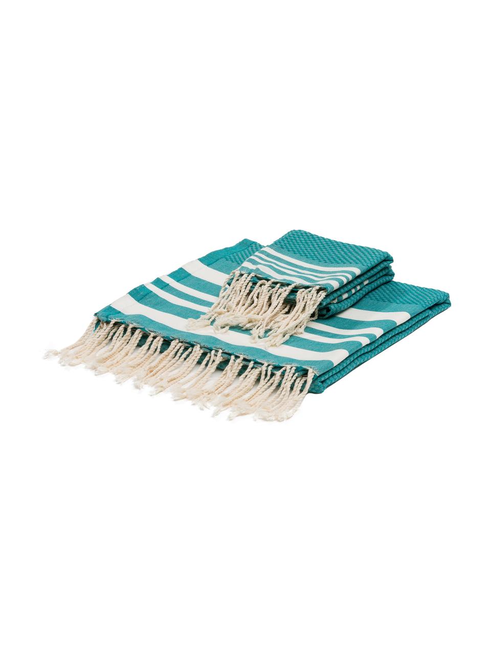 Lot de serviettes de bain légère Hamptons, 3 élém., Vert turquoise, blanc