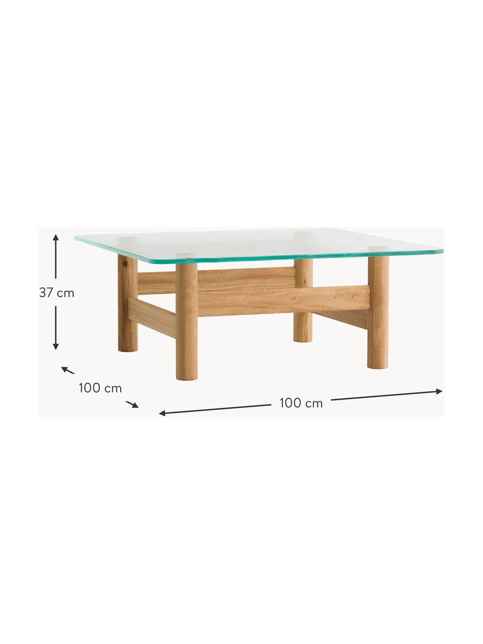 Couchtisch Brasilia aus Eichenholz mit Glasplatte, Tischplatte: Glas, gehärtet, Gestell: Eichenholz, Transparent, helles Eichenholz, B 100 x T 100 cm