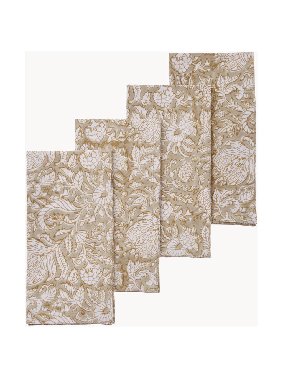 Servilletas de tela con estampado floral Dimapur, 4 uds., 100% algodón, Beige, blanco Off White, An 45 x L 45 cm