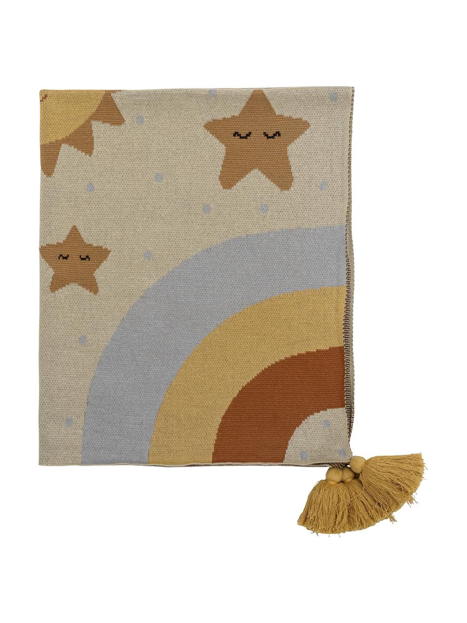 Plaid tricoté à houppes Vigge, Coton, Beige, multicolore, larg. 80 x long. 100 cm