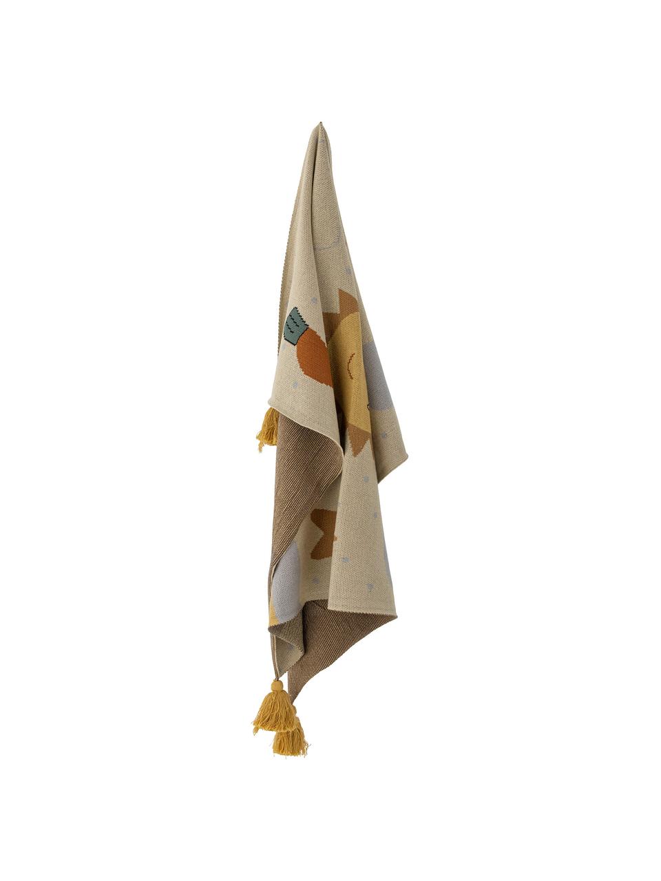Coperta in maglia con nappine Vigge, 100% cotone, Beige, multicolore, Larg. 80 x Lung. 100 cm