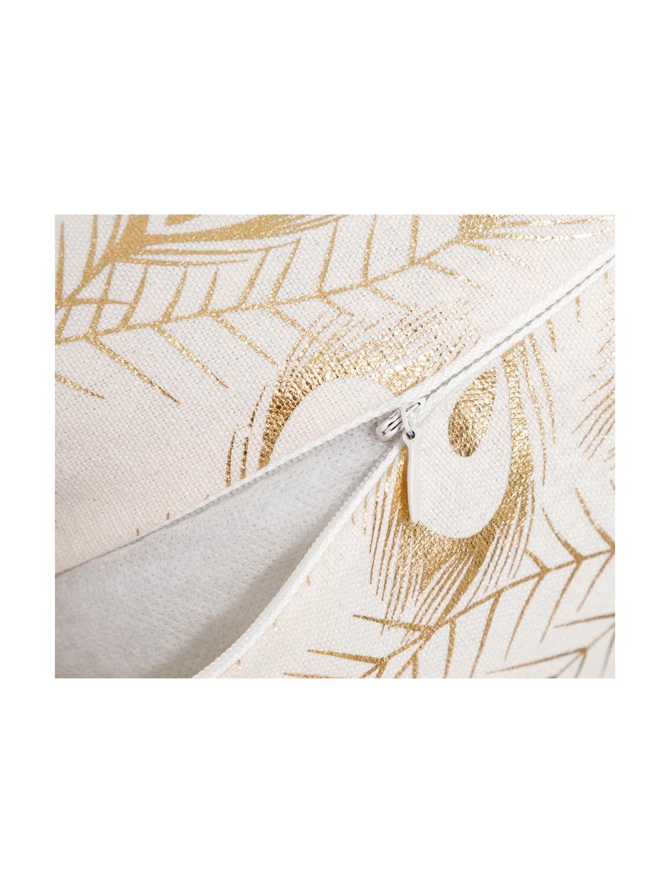 Cojín com estampado de plumas Lindsey, con relleno, Funda: poliéster, Blanco, dorado, An 45 x L 45 cm