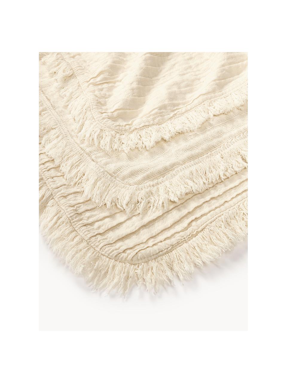 Plaid en coton avec motif plissé et franges Artemis, 99 % coton, 1 % polyester, Blanc crème, larg. 140 x long. 170 cm