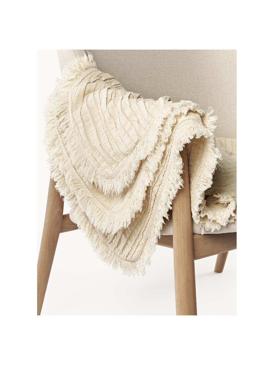 Plaid en coton avec motif plissé et franges Artemis, 99 % coton, 1 % polyester, Blanc crème, larg. 140 x long. 170 cm