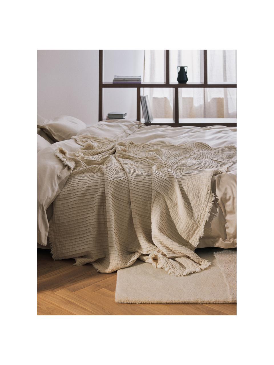 Manta de algodón con plisado y flecos Artemis, 99% algodón, 1% poliéster, Blanco crema, An 140 x L 170 cm