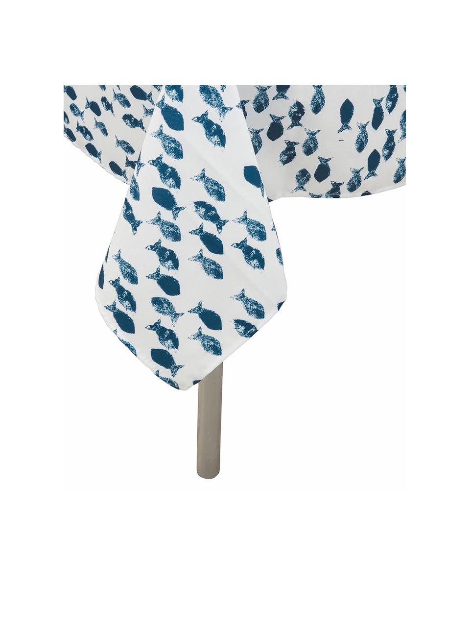 Nappe imprimé poisson déperlant Fishbone, Blanc, bleu