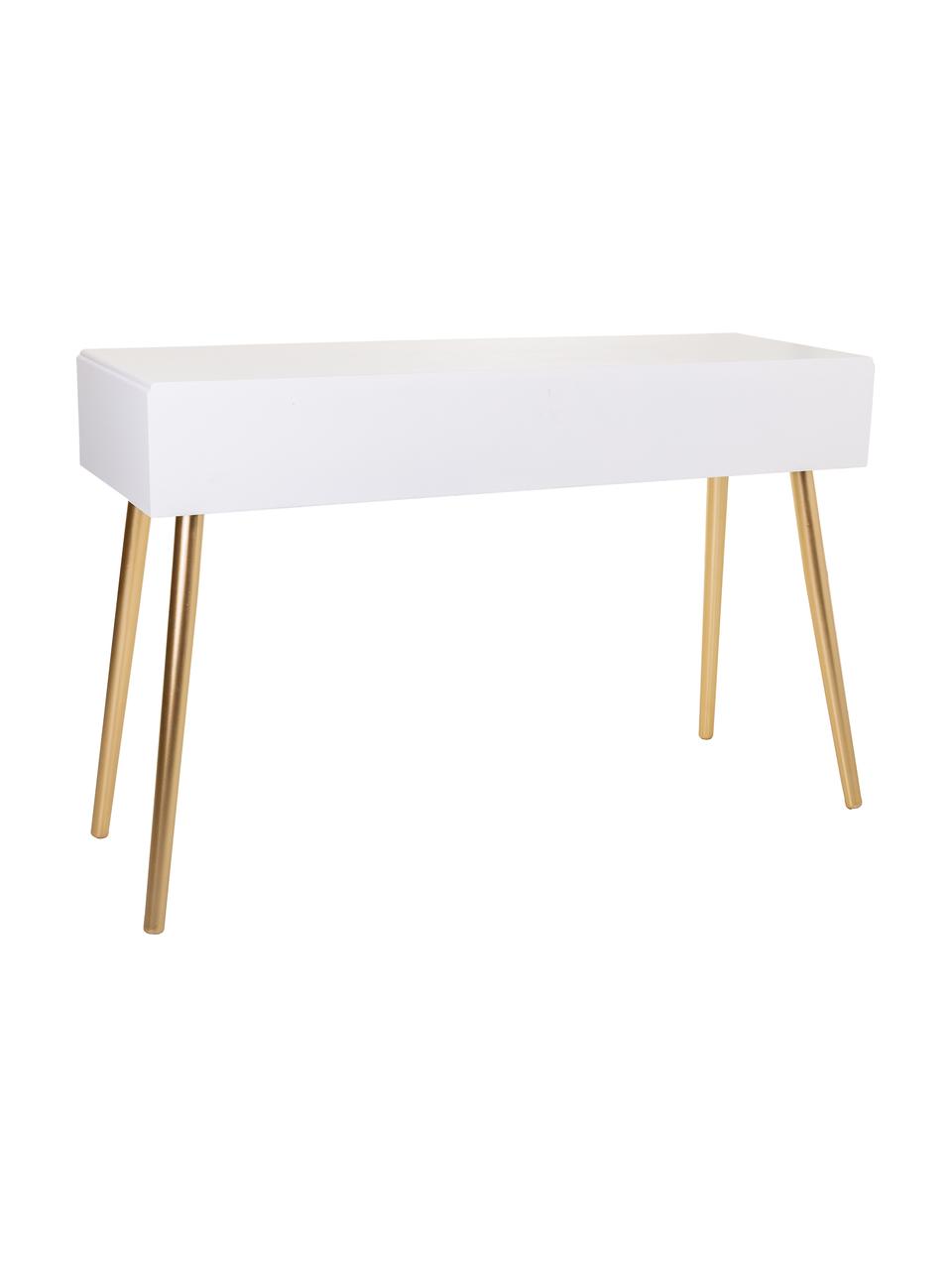 Consola de recibidor con cajones de madera Janette, Estructura: tablero de fibras de dens, Mandera pintada blanco, dorado, An 120 x Al 78 cm