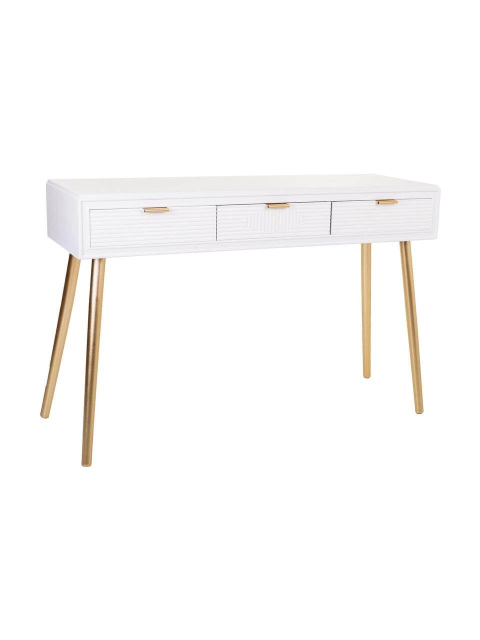Consola de recibidor con cajones de madera Janette, Estructura: tablero de fibras de dens, Mandera pintada blanco, dorado, An 120 x Al 78 cm