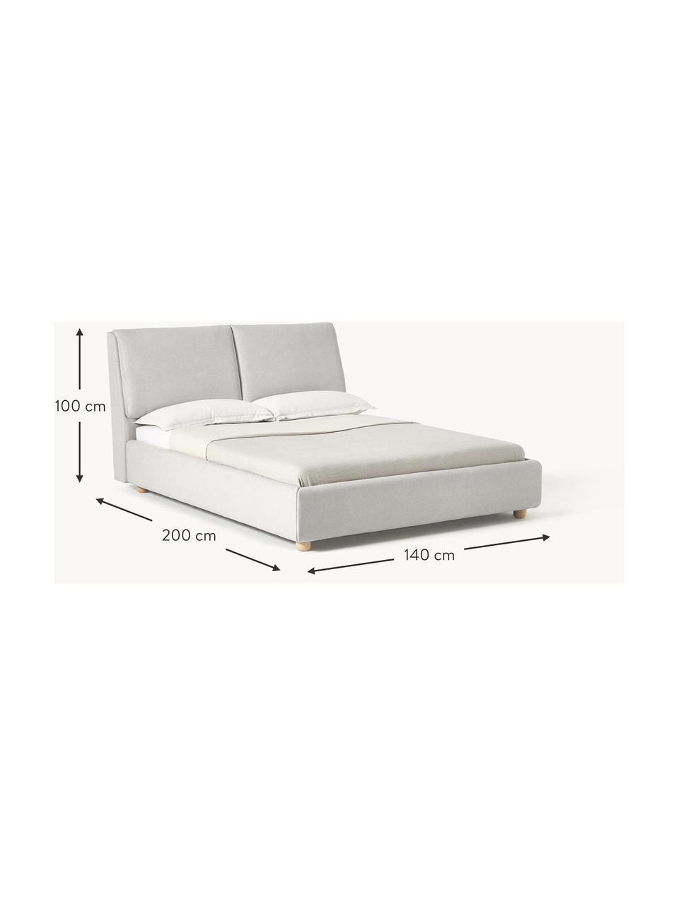 Letto imbottito Laura, Rivestimento: 100% poliestere Il rivest, Tessuto grigio chiaro, legno di quercia, Larg. 140 x Lung. 200 cm