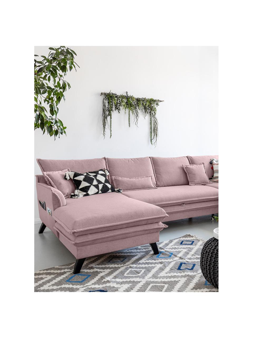 Divano letto angolare in tessuto rosa cipria con contenitore Charming Charlie, Rivestimento: 100% poliestere con sensa, Struttura: legno, truciolato, Rosa cipria, Larg. 302 x Prof. 200 cm