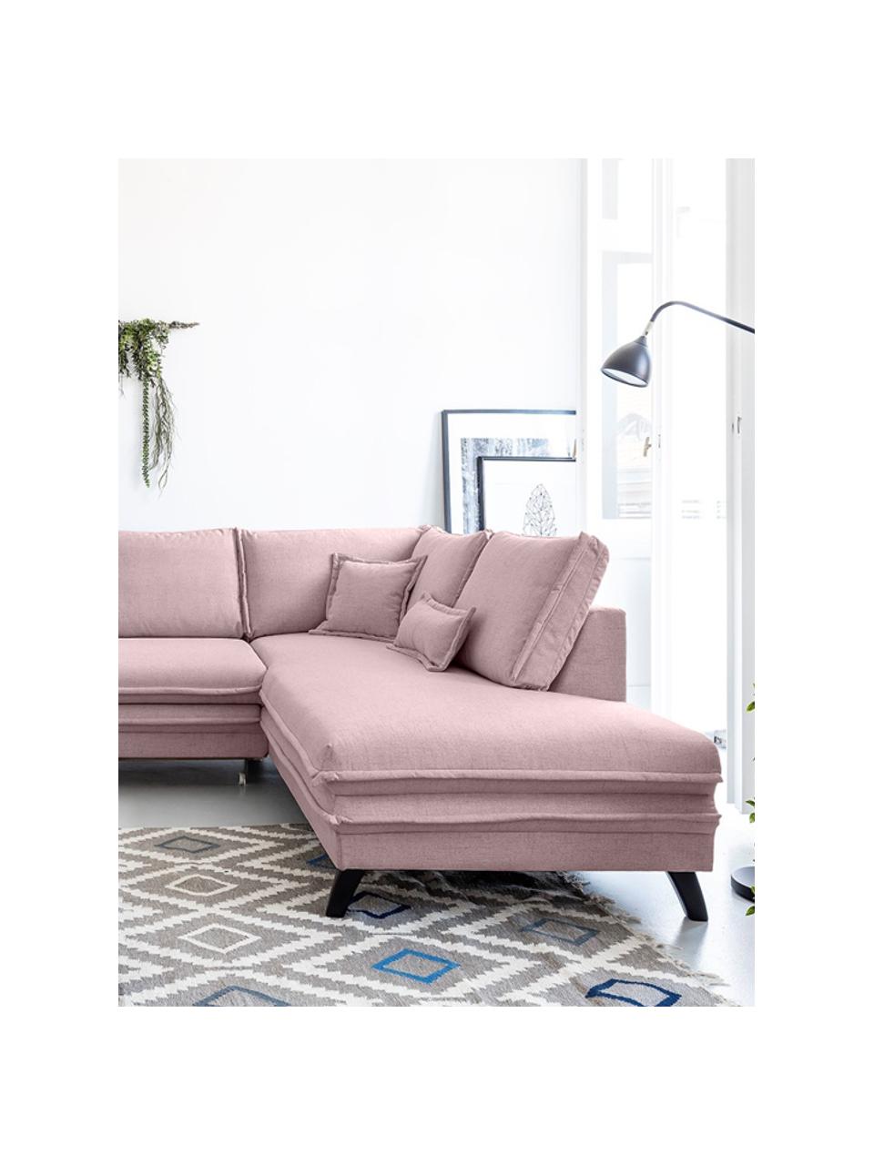 Divano letto angolare in tessuto rosa cipria con contenitore Charming Charlie, Rivestimento: 100% poliestere con sensa, Struttura: legno, truciolato, Rosa cipria, Larg. 302 x Prof. 200 cm