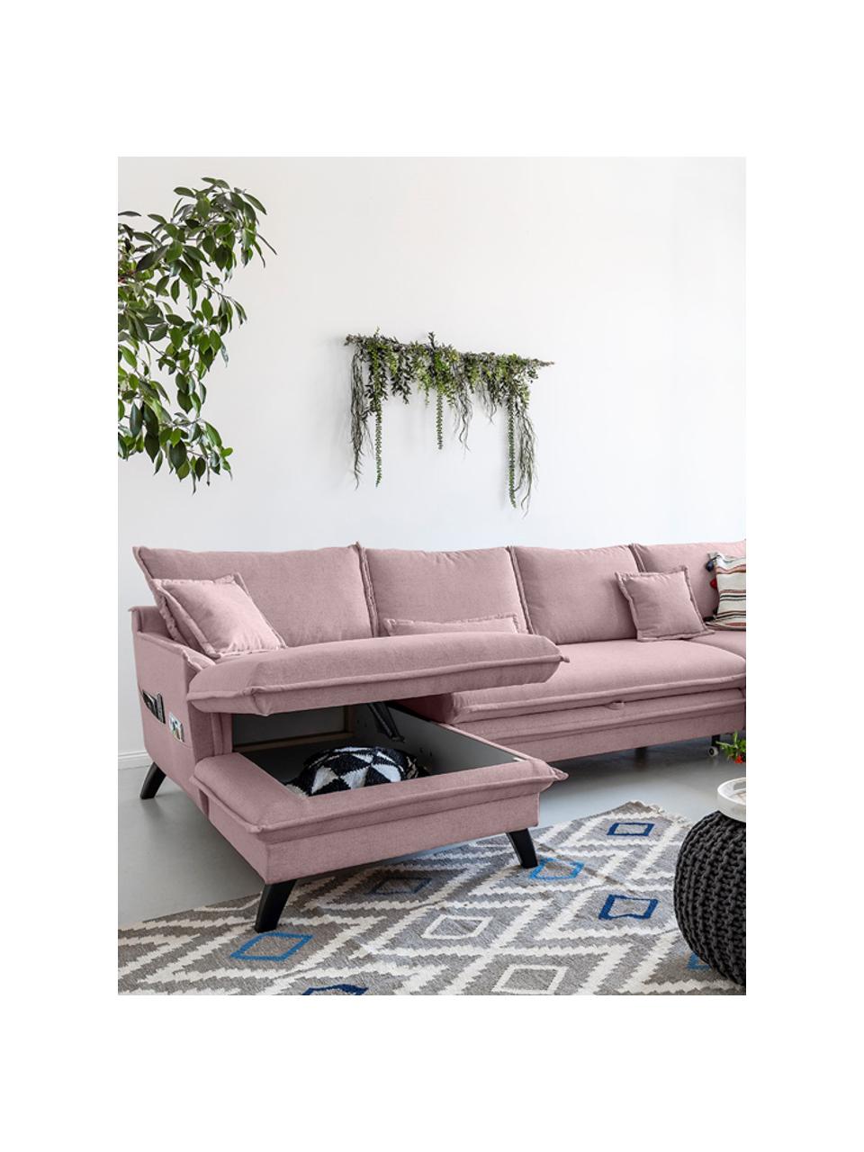 Divano letto angolare in tessuto rosa cipria con contenitore Charming Charlie, Rivestimento: 100% poliestere con sensa, Struttura: legno, truciolato, Rosa cipria, Larg. 302 x Prof. 200 cm