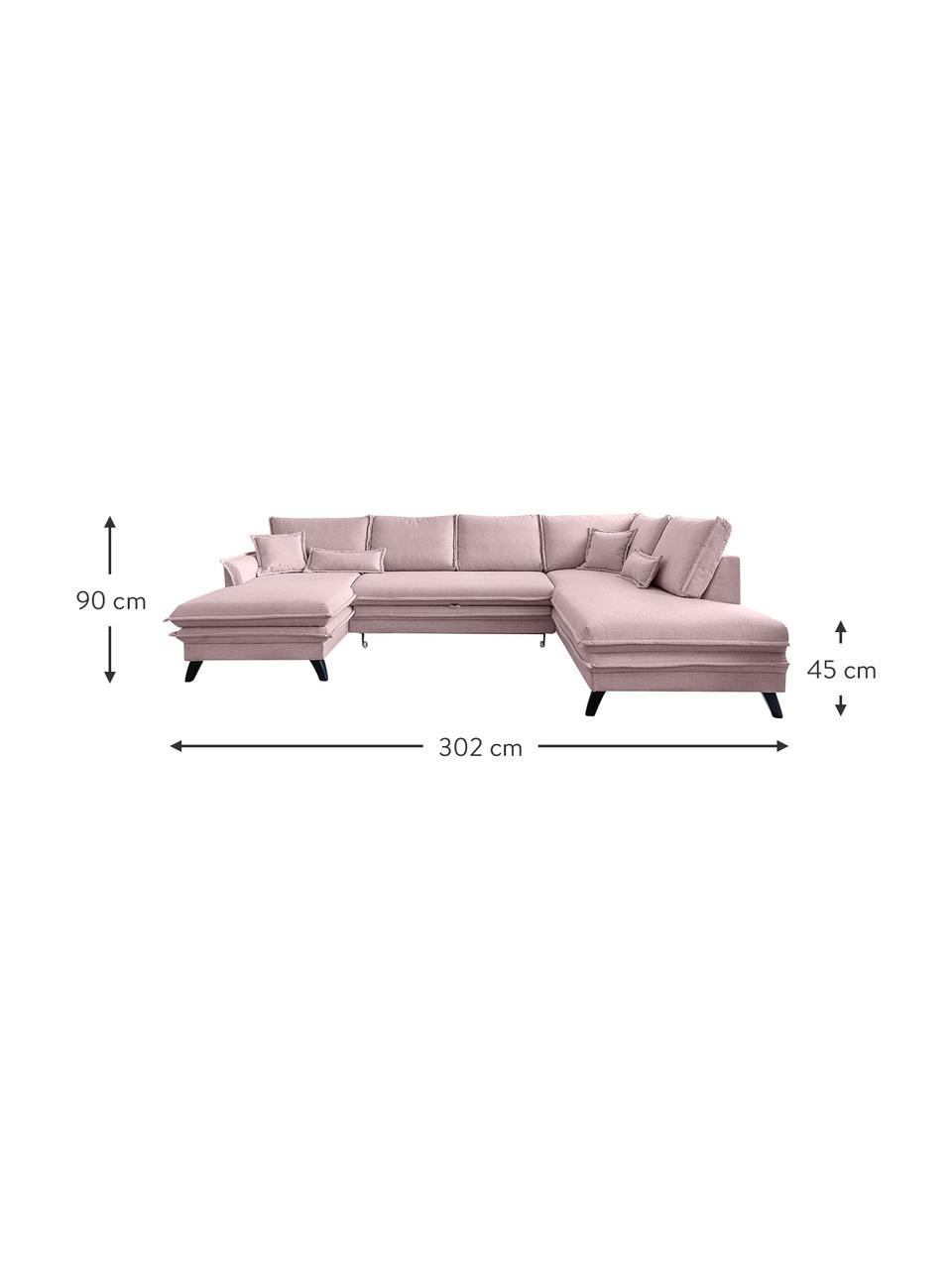 Divano letto angolare in tessuto rosa cipria con contenitore Charming Charlie, Rivestimento: 100% poliestere con sensa, Struttura: legno, truciolato, Rosa cipria, Larg. 302 x Prof. 200 cm