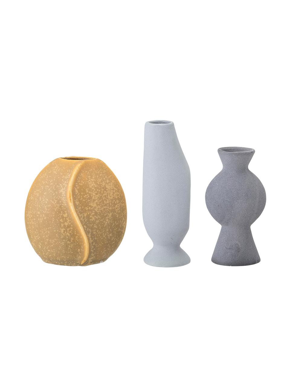 Kleine handgefertigtes Vasen-Set Lubava, 3-tlg., Steingut, Gelb, Hellgrau, Grau, Set mit verschiedenen Größen
