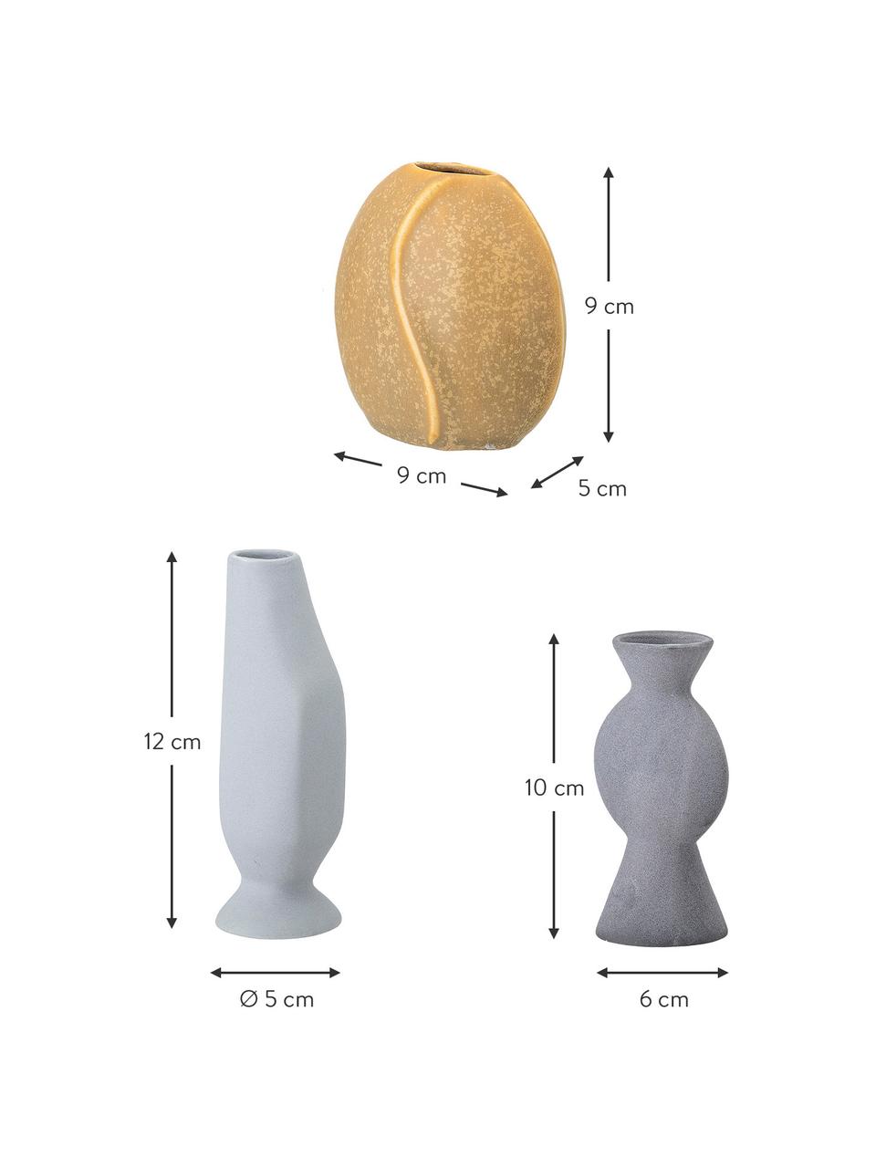 Ručne vyrobené vázy Lubava, 3 diely, Kamenina, Žltá, svetlosivá, sivá, Súprava s rôznymi veľkosťami