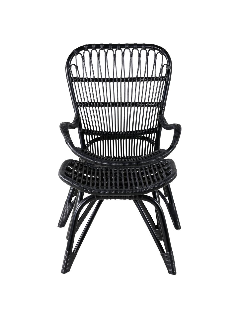 Rattan-Gartensessel Ella mit Hocker, Rattan, Polyester, Schwarz, B 66 x T 131 cm