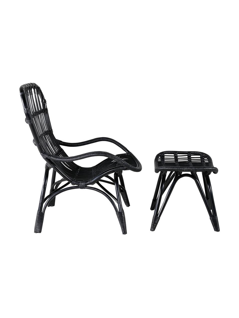 Fauteuil de jardin en rotin avec tabouret Ella, Rotin, polyester, Noir, larg. 66 x prof. 131 cm