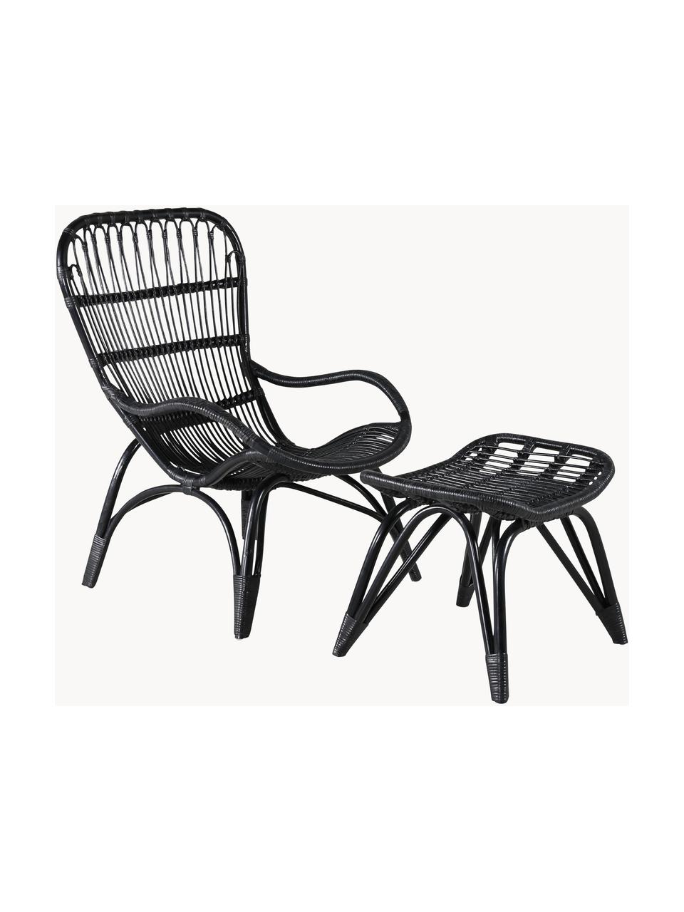 Rattan-Gartensessel Ella mit Hocker, Rattan, Polyester, Schwarz, B 66 x T 131 cm