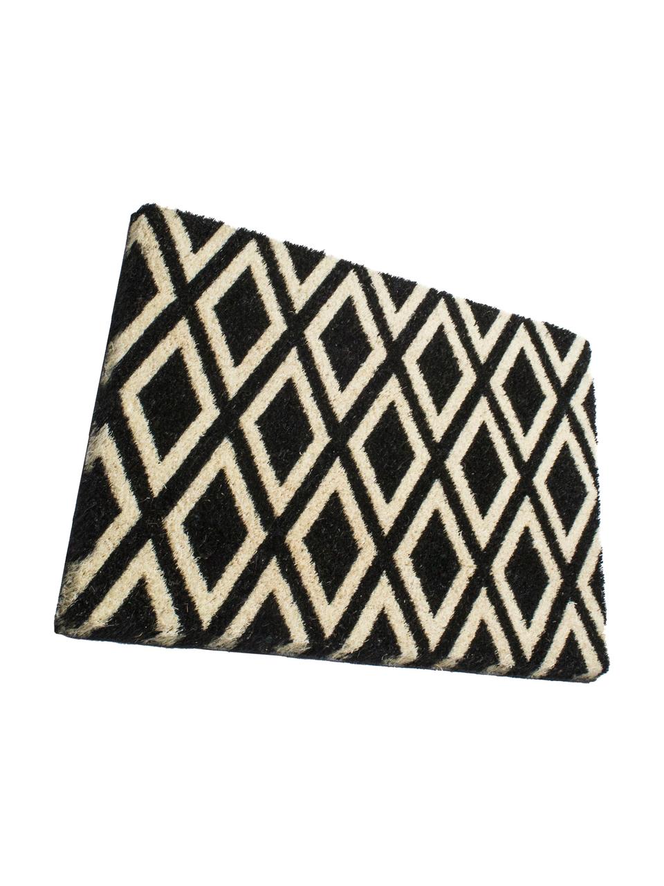 Deurmat Rhombi, Bovenzijde: kokosvezels, Onderzijde: kunststof (PVC), Zwart, beige, B 40 x L 60 cm