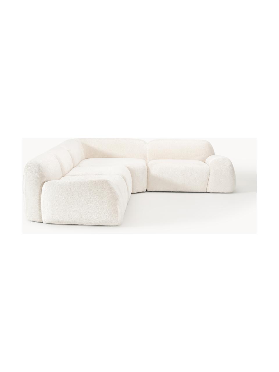 Narożna sofa modułowa (4-osobowa) Teddy-Bouclé Wolke, Tapicerka: Teddy-Bouclé (100% polies, Stelaż: drewno sosnowe, drewno św, Nogi: tworzywo sztuczne Ten pro, Teddy-Bouclé w odcieniu złamanej bieli, S 349 x G 262 cm