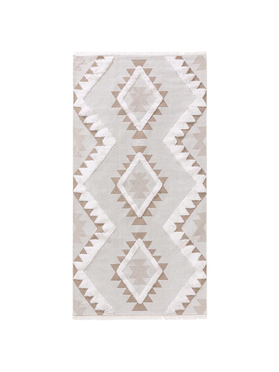 Dywan z bawełny z frędzlami Oslo Aztec, 100% bawełna, Kremowobiały, taupe, S 75 x D 150 cm (Rozmiar XS)