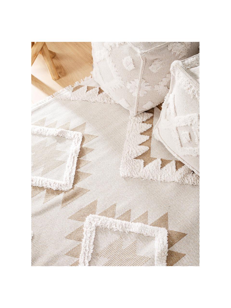 Tappeto in cotone lavato con motivo a rilievo e frange Oslo Aztec, 100% cotone, Bianco crema, taupe, Larg. 75 x Lung. 150 cm (taglia XS)