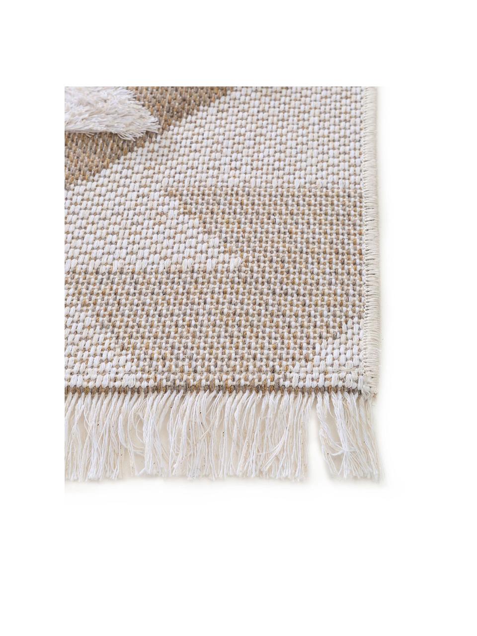 Wasbare katoenen vloerkleed Oslo Aztec met hoog-laag structuur en franjes, 100% katoen, Crèmewit, taupe, B 75 x L 150 cm (maat XS)