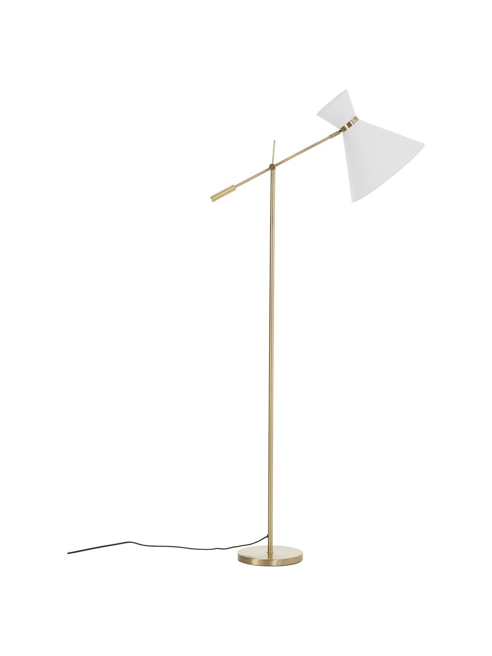 Lámpara de lectura extra grande Audrey, estilo retro, Pantalla: tela, Cable: cubierto en tela, Blanco, latón brillante, An 79 x Al 176 cm