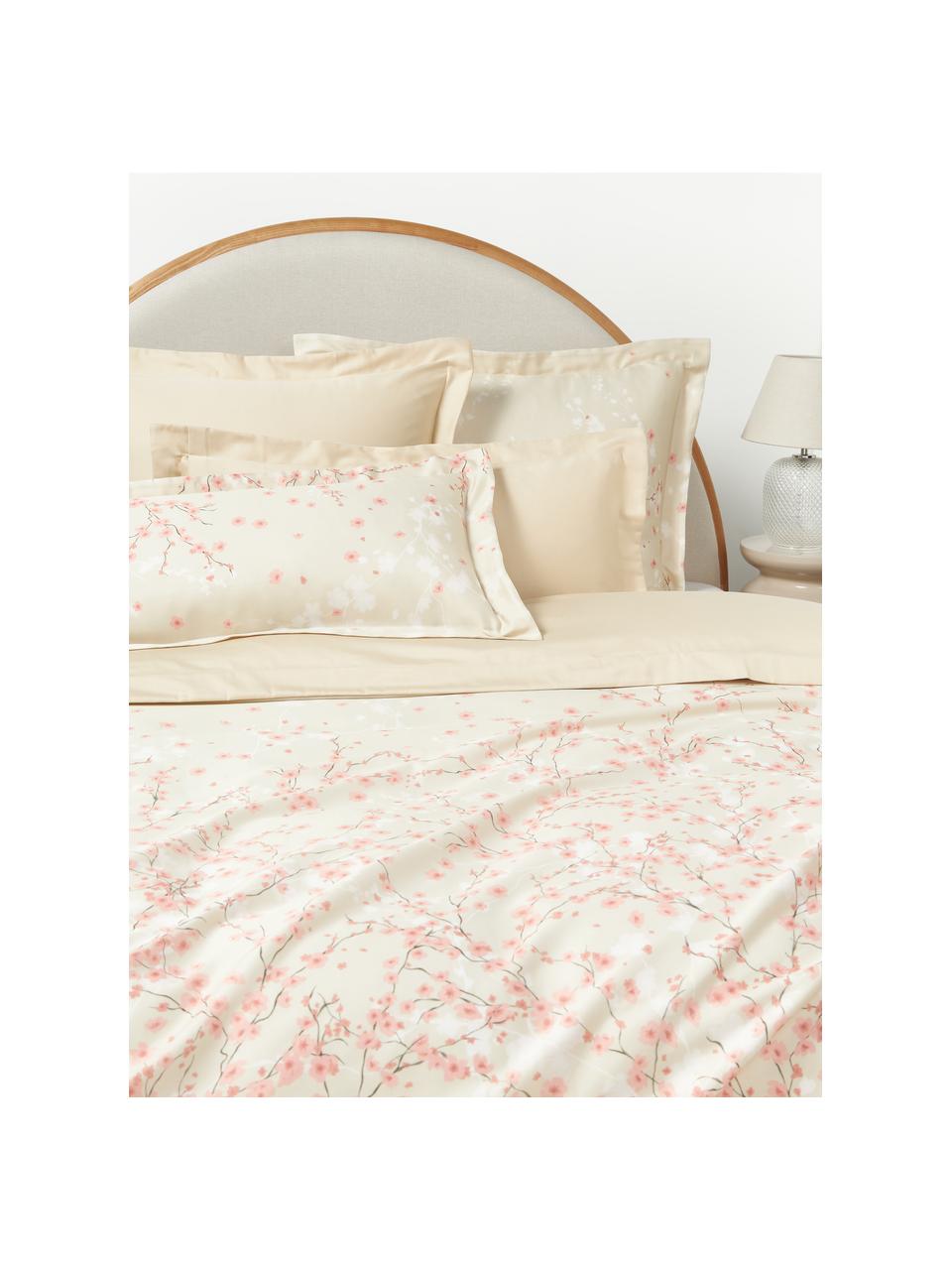 Funda nórdica de satén estampada Sakura, Beige claro, rosa claro, blanco, Cama 180/200 cm (260 x 240 cm)