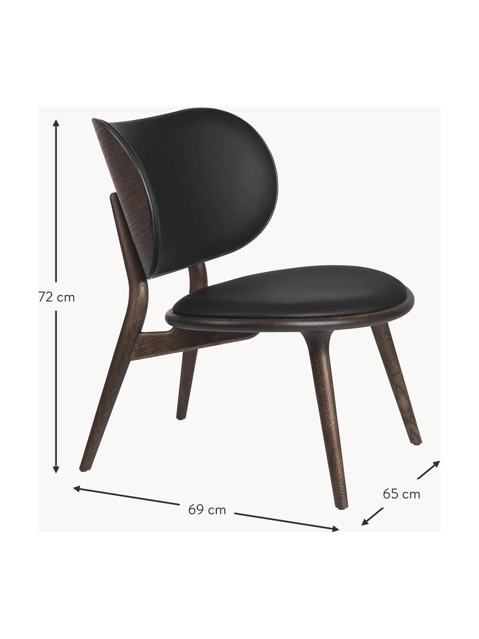 Sedia lounge in pelle con gambe in legno Rocker, fatta a mano, Struttura: legno di quercia Questo p, Nero, legno di quercia scuro, Larg. 65 x Prof. 69 cm