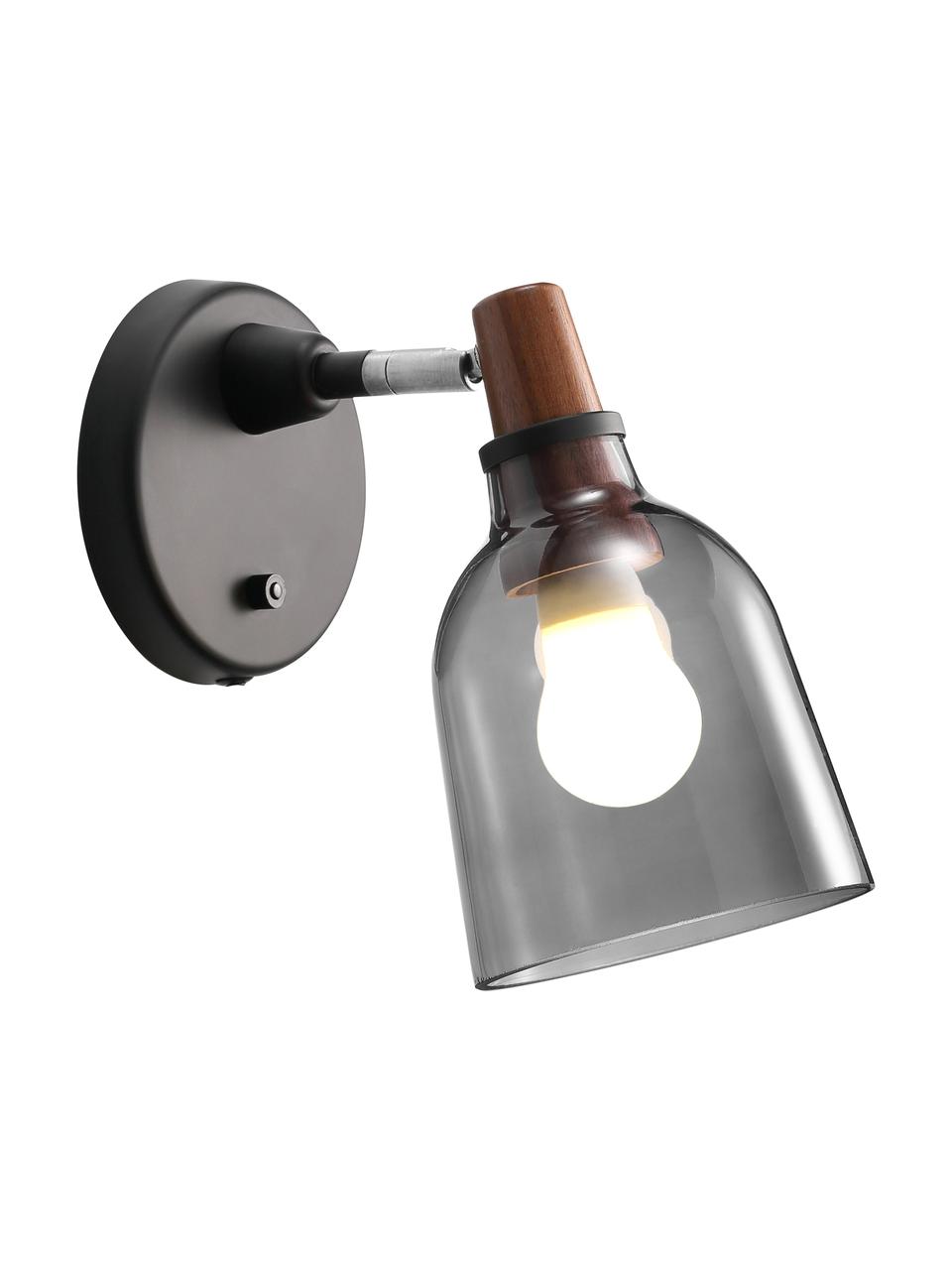 Wandlamp Karma met stekker, Lampenkap: handgegoten rookglas, Lampenkap: fumé. Bevestiging: geolied walnoothout, 14 x 24 cm