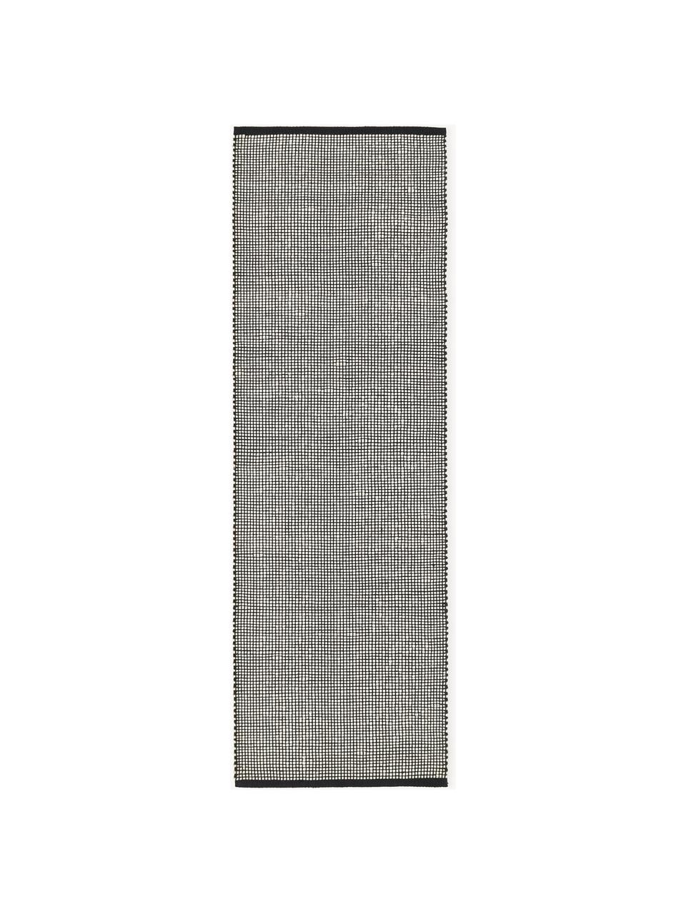 Tapis de couloir en laine tissé main Amaro, Noir, blanc crème, larg. 80 x long. 250 cm