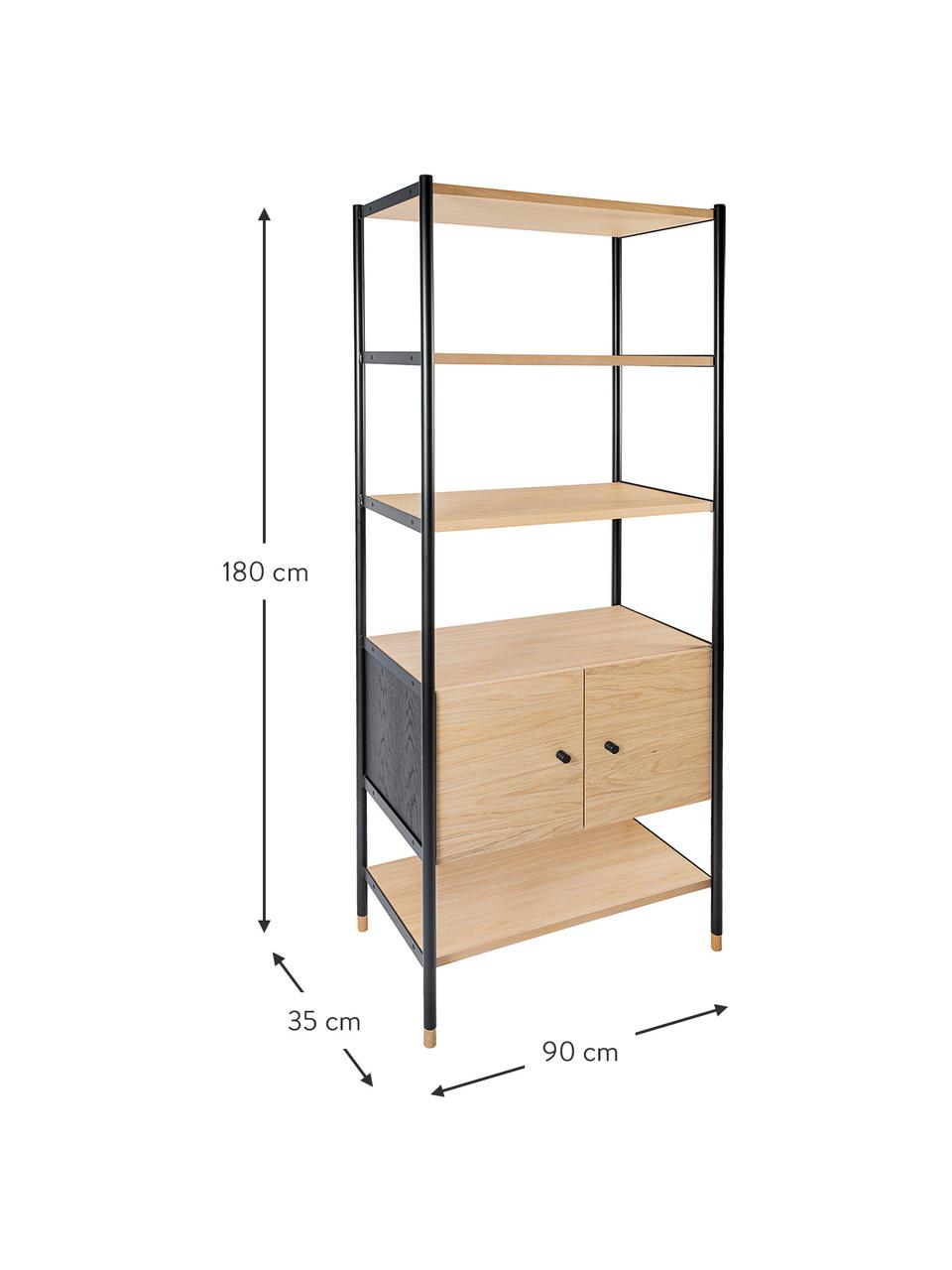 Libreria in legno di quercia e metallo Jugend, Struttura: metallo rivestito, Ripiano: legno di quercia, Nero, marrone chiaro, Larg. 90 x Alt. 180 cm