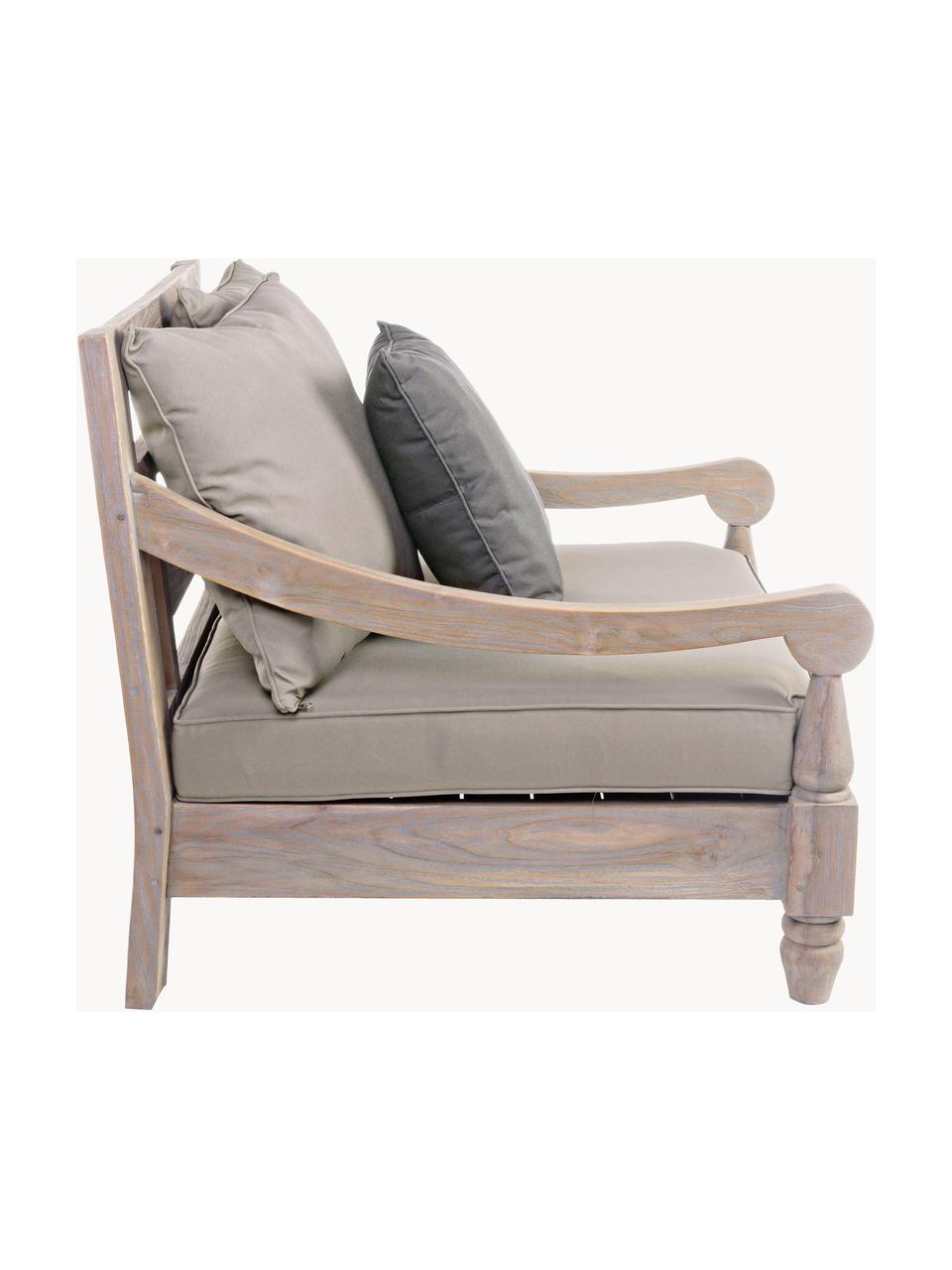 Sillón de exterior de madera maciza Bali, Estructura: madera de teca, Tejido greige y gris oscuro, madera teca, An 90 x F 90 cm