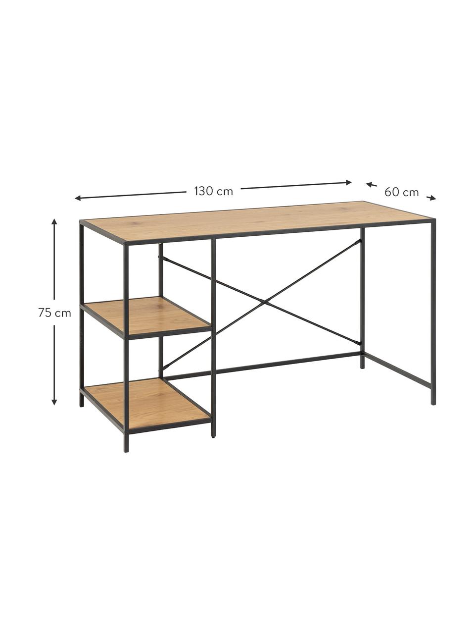 Schreibtisch Seaford aus Holz und Metall, Gestell: Metall, pulverbeschichtet, Helles Holz, Schwarz, B 130 x T 60 cm