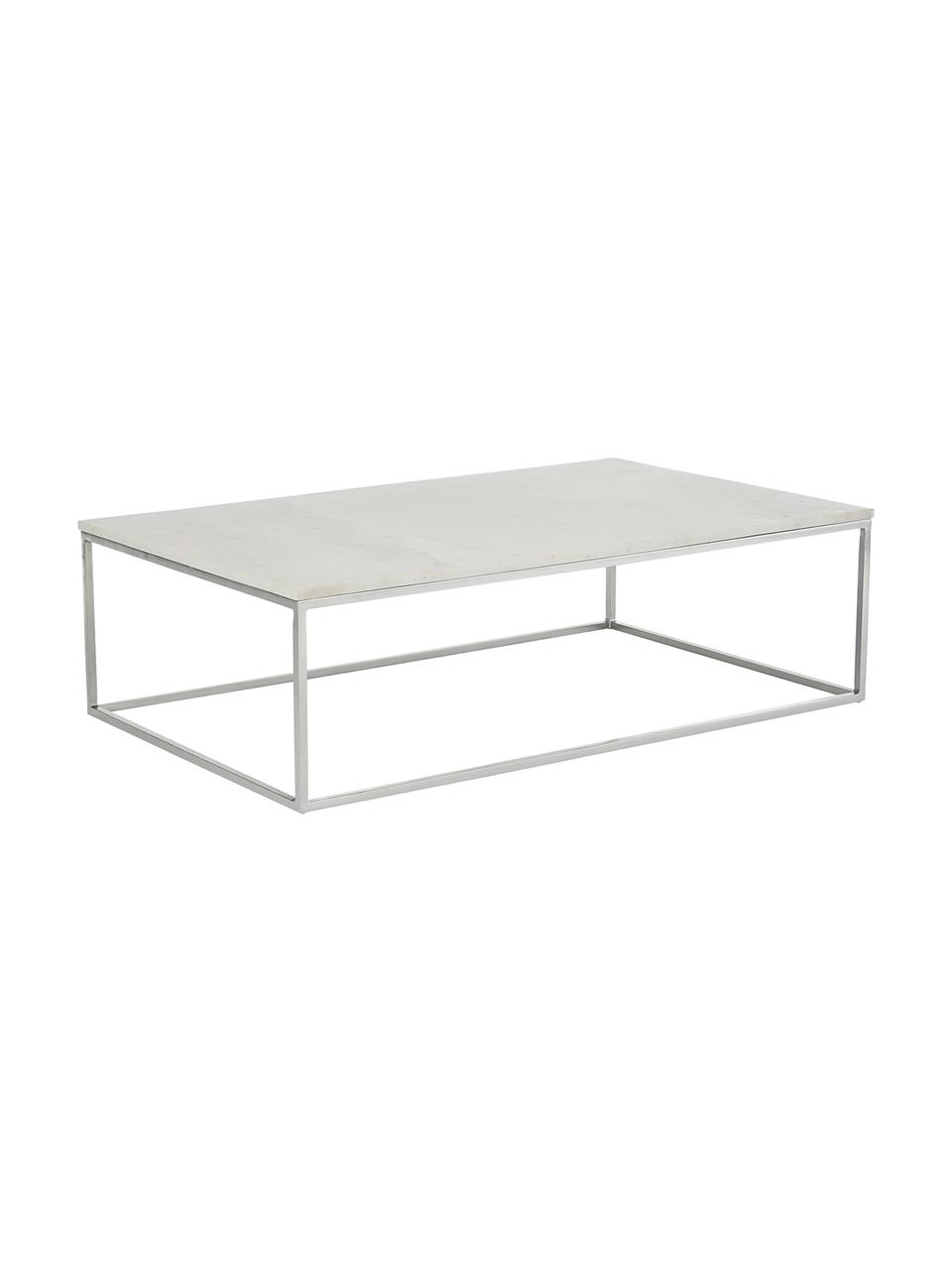 Tavolino grande da salotto con piano in marmo Alys, Struttura: metallo verniciato a polv, Bianco marmorizzato, argentato, Larg. 120 x Prof. 75 cm